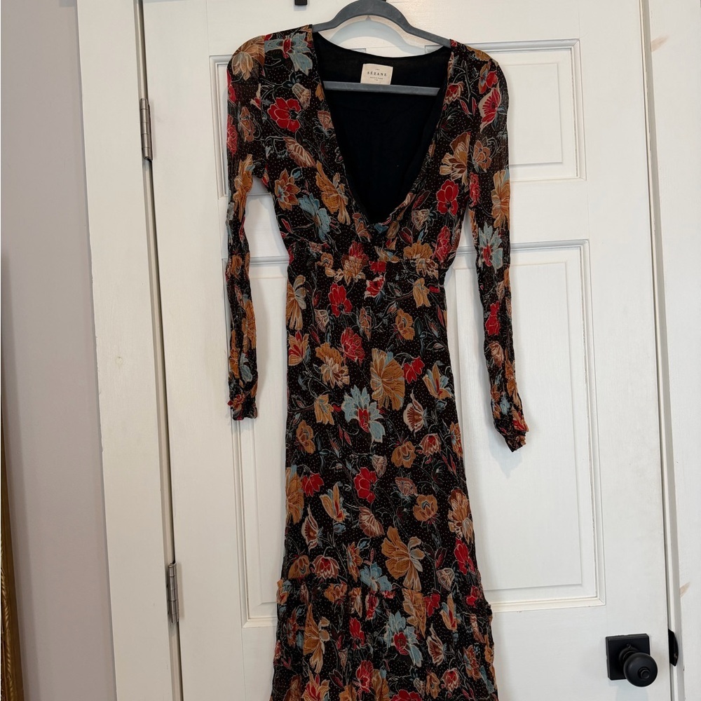 Sezane Floral V-Neck Long Sleeve Maxi Dress - Black with Multicolor Floral